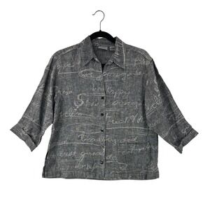 Chicos Women's Size 0 Gray Linen Button Up Shirt Jacket Top 3/4 Sleeve